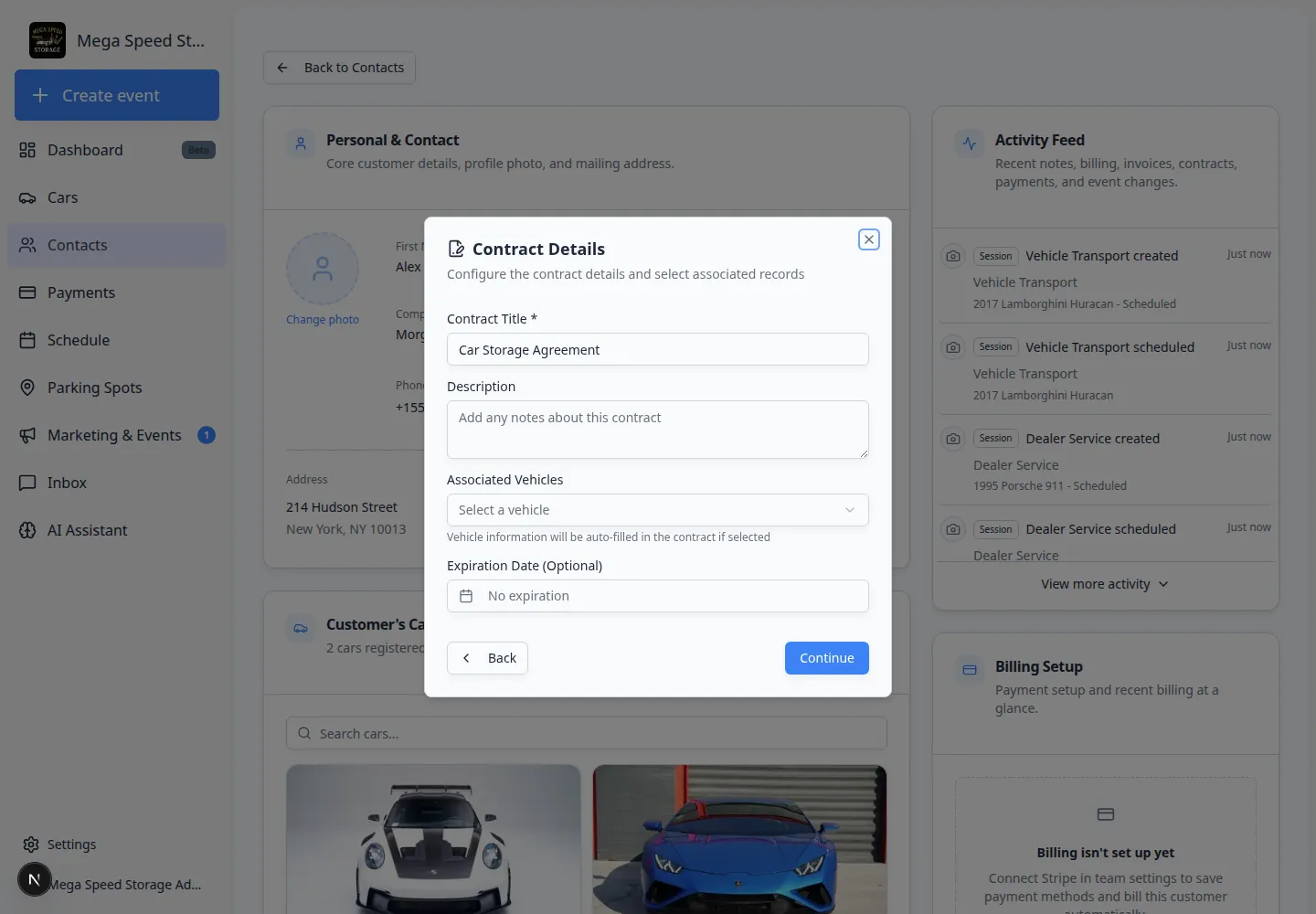 Contract Details step showing title, vehicle selection, template fields, and Continue button