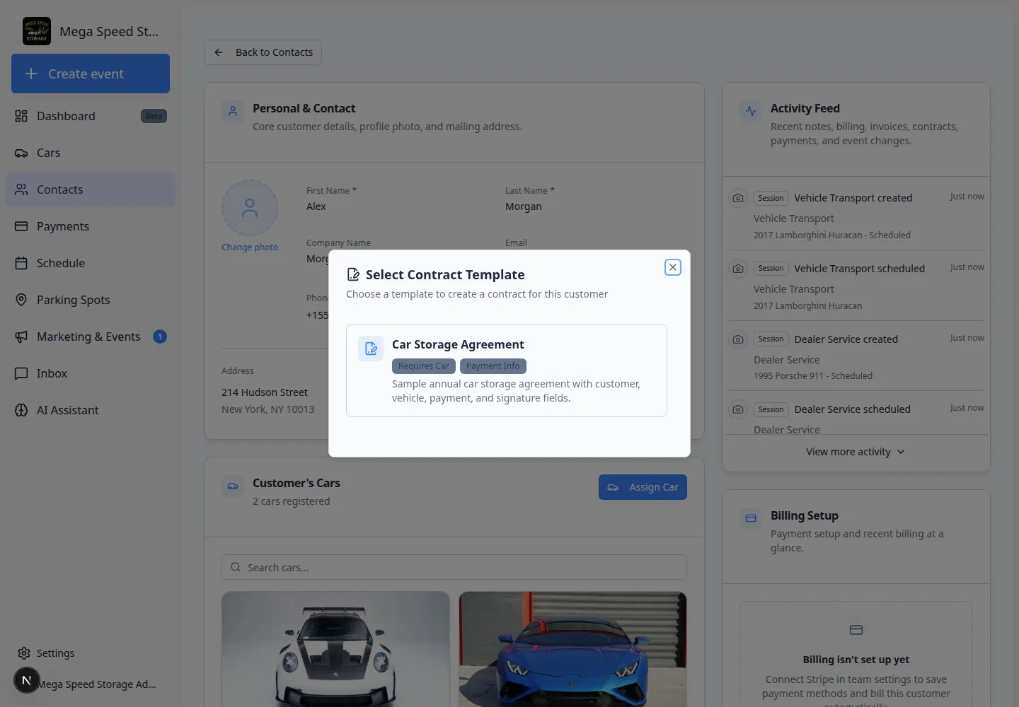Create contract dialog showing template selection step for Car Storage Agreement