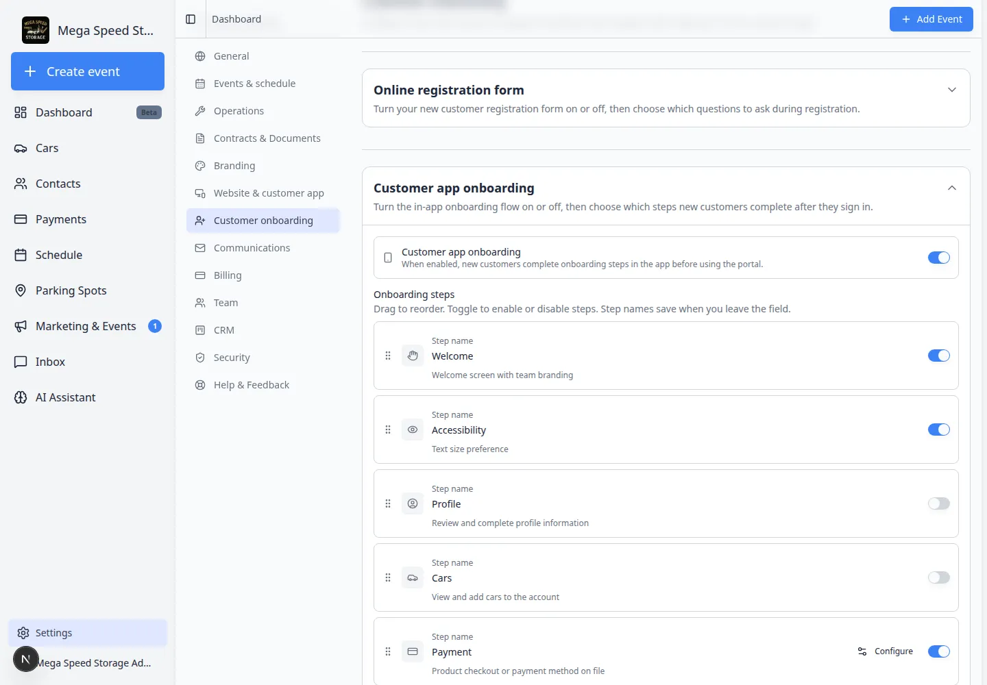 Customer app onboarding settings showing Contract Signing step enabled with Configure button and draggable step list