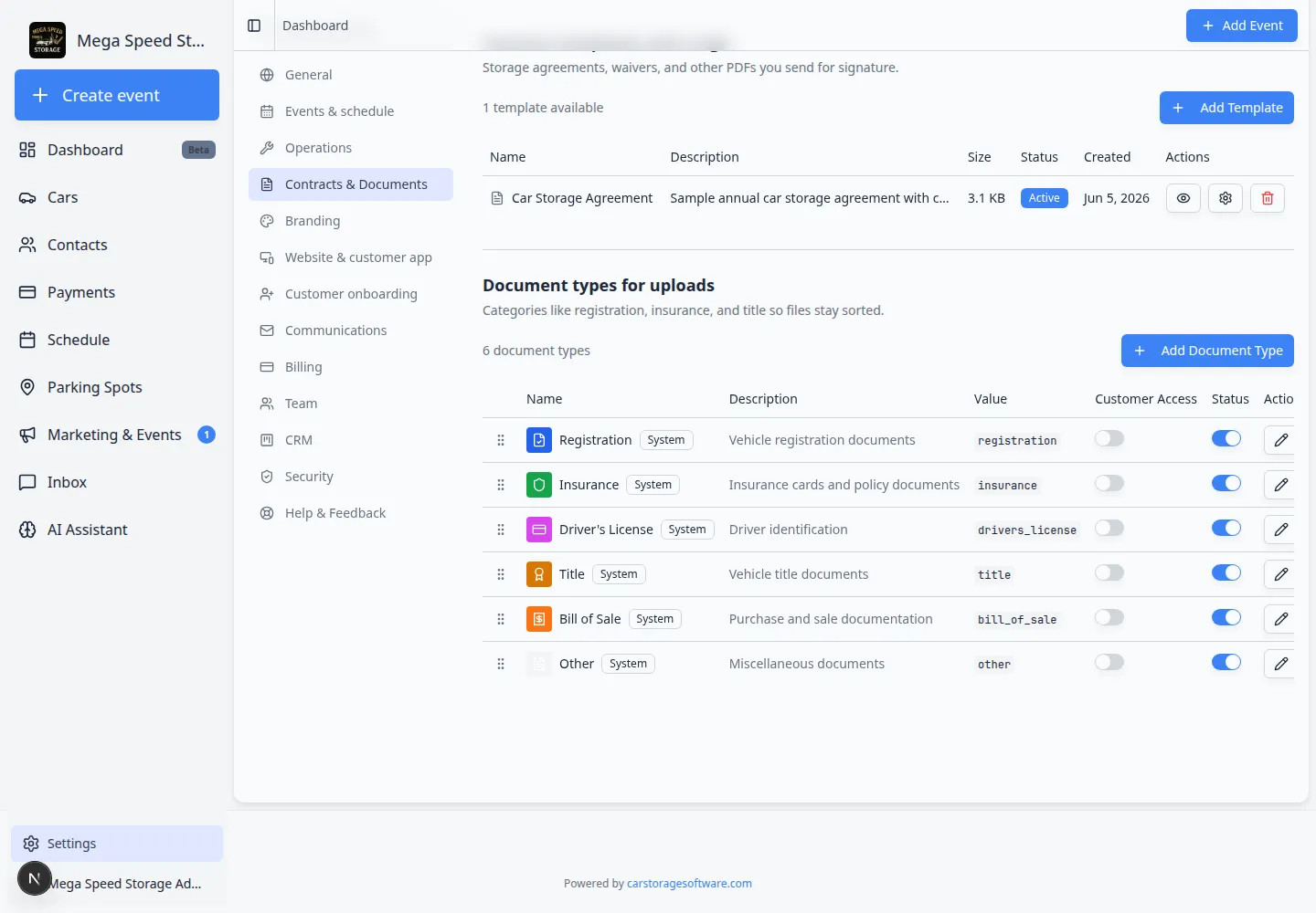 Document types for uploads in settings showing Insurance and Vehicle Registration with Customer Access