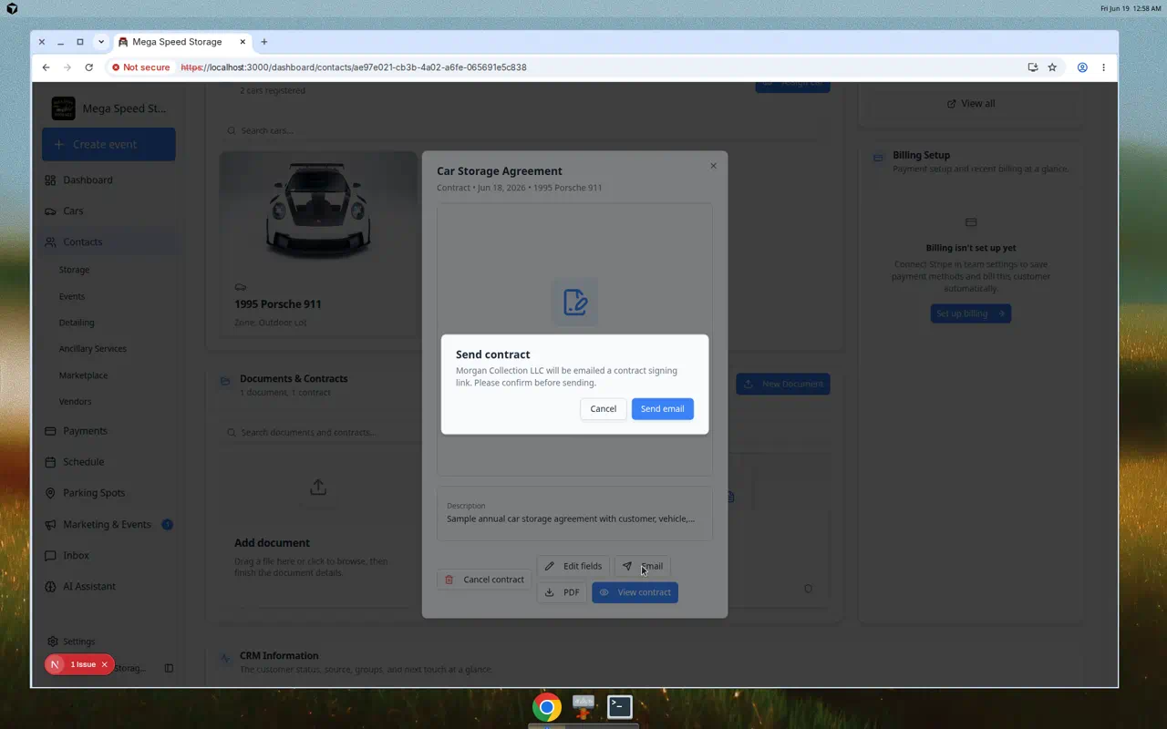 Send contract email confirmation dialog naming the customer who will receive the signing link