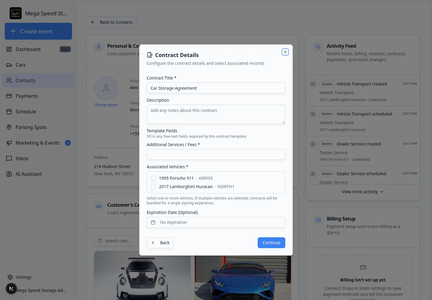 Contract Details step with Associated Vehicles checkboxes selected for two cars and bundled signing note