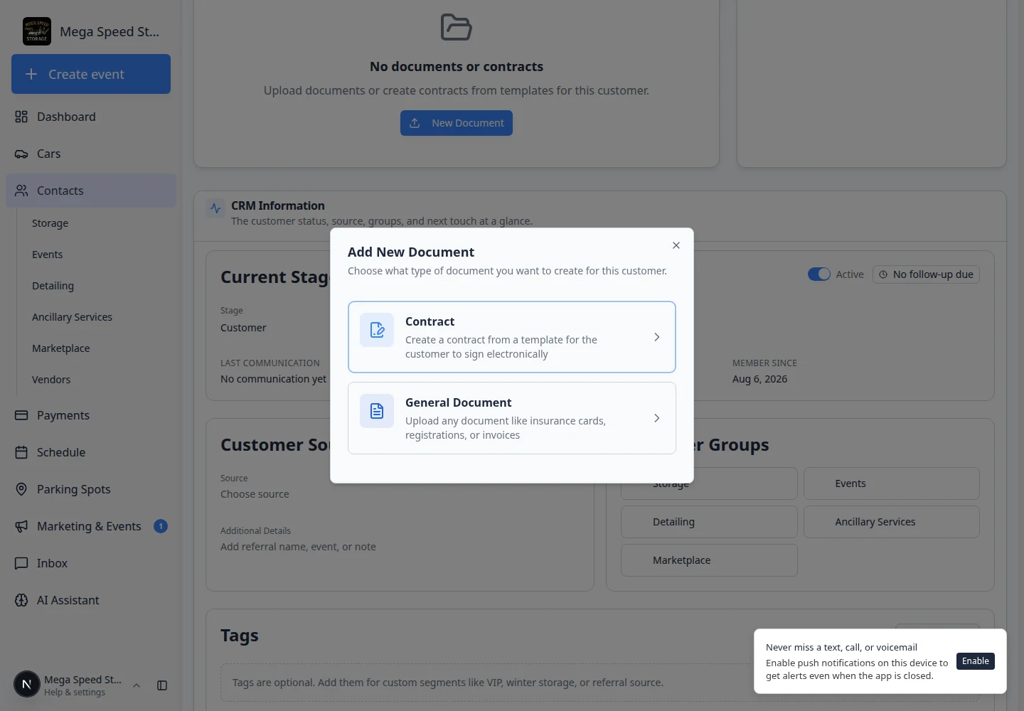 Add New Document window showing Contract and General Document options