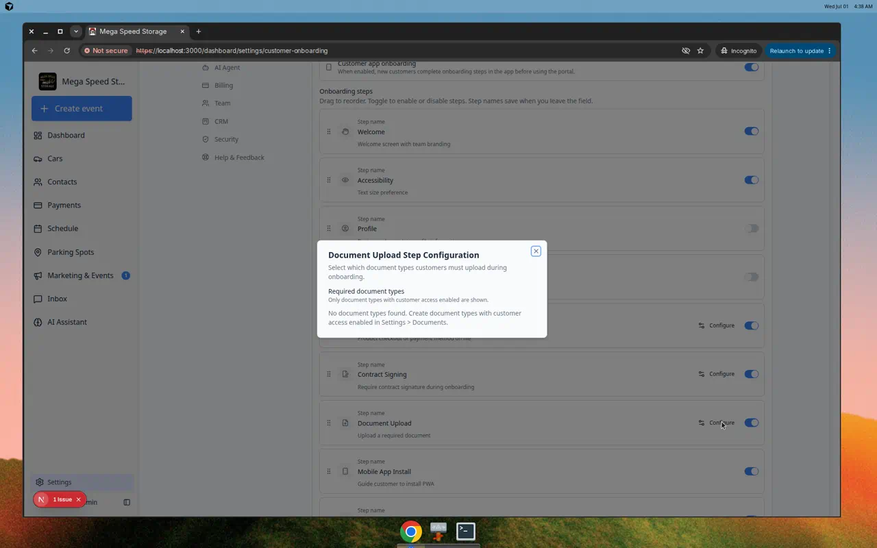 Document Upload step configuration modal showing required document types for onboarding
