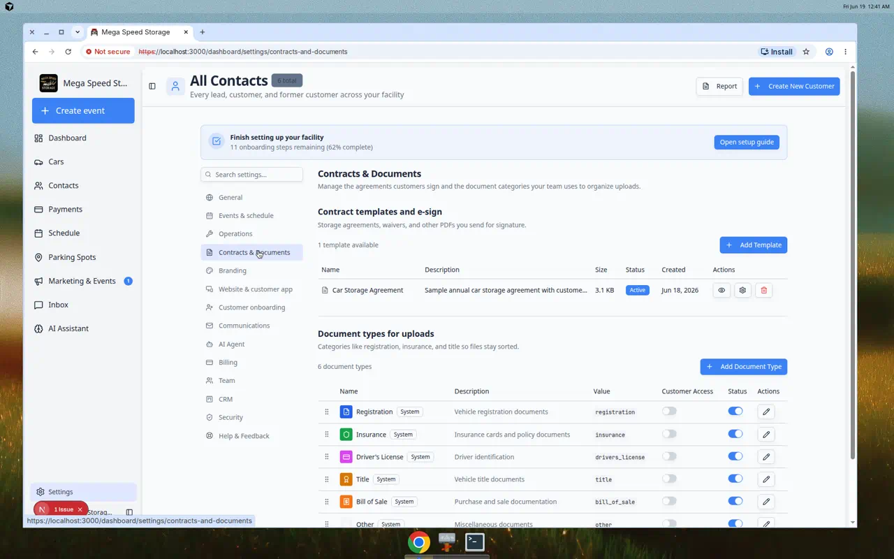 Contracts and Documents settings page showing contract templates at the top and document types for uploads below