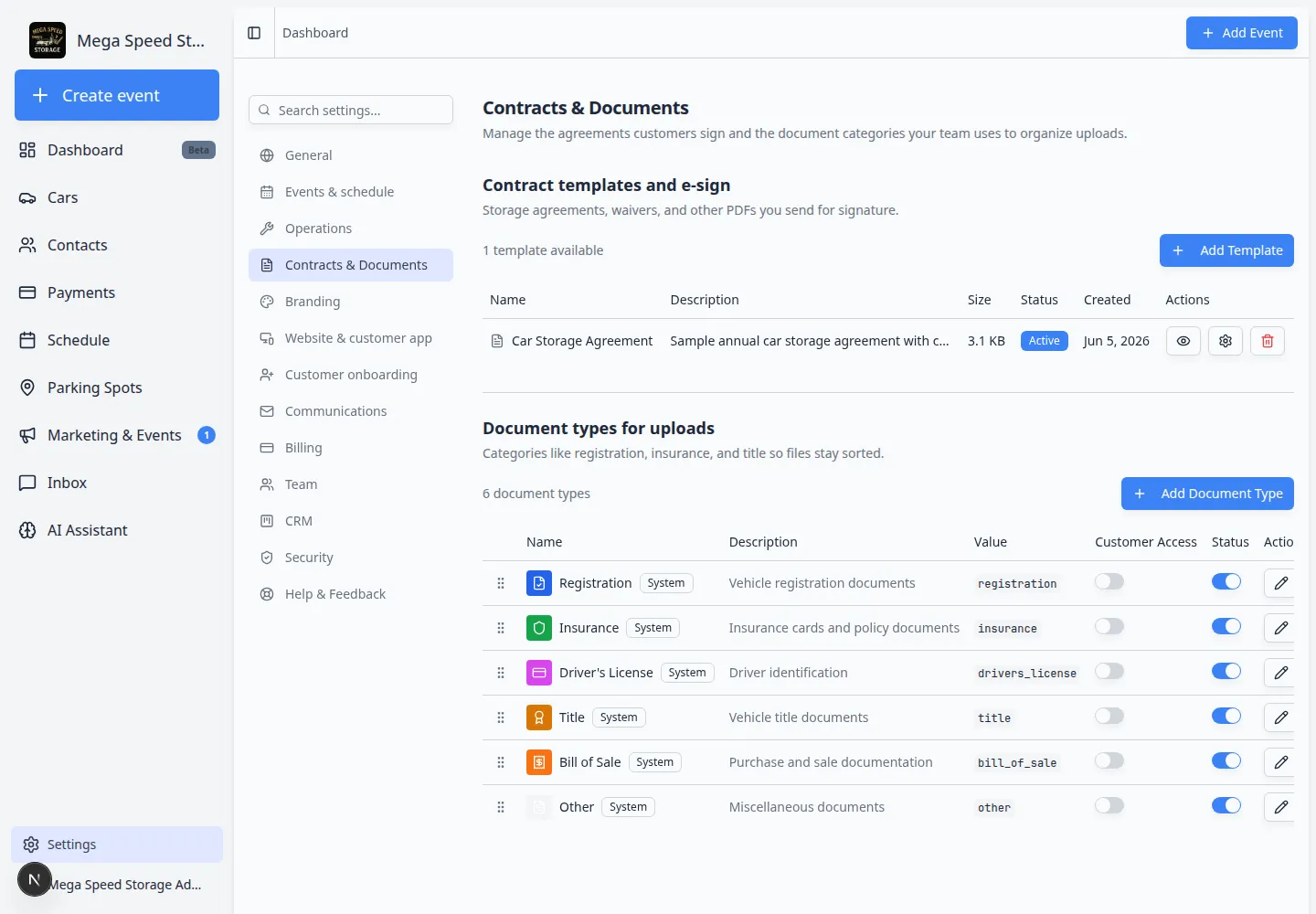 Settings page Contracts and Documents showing contract templates list and document types for uploads