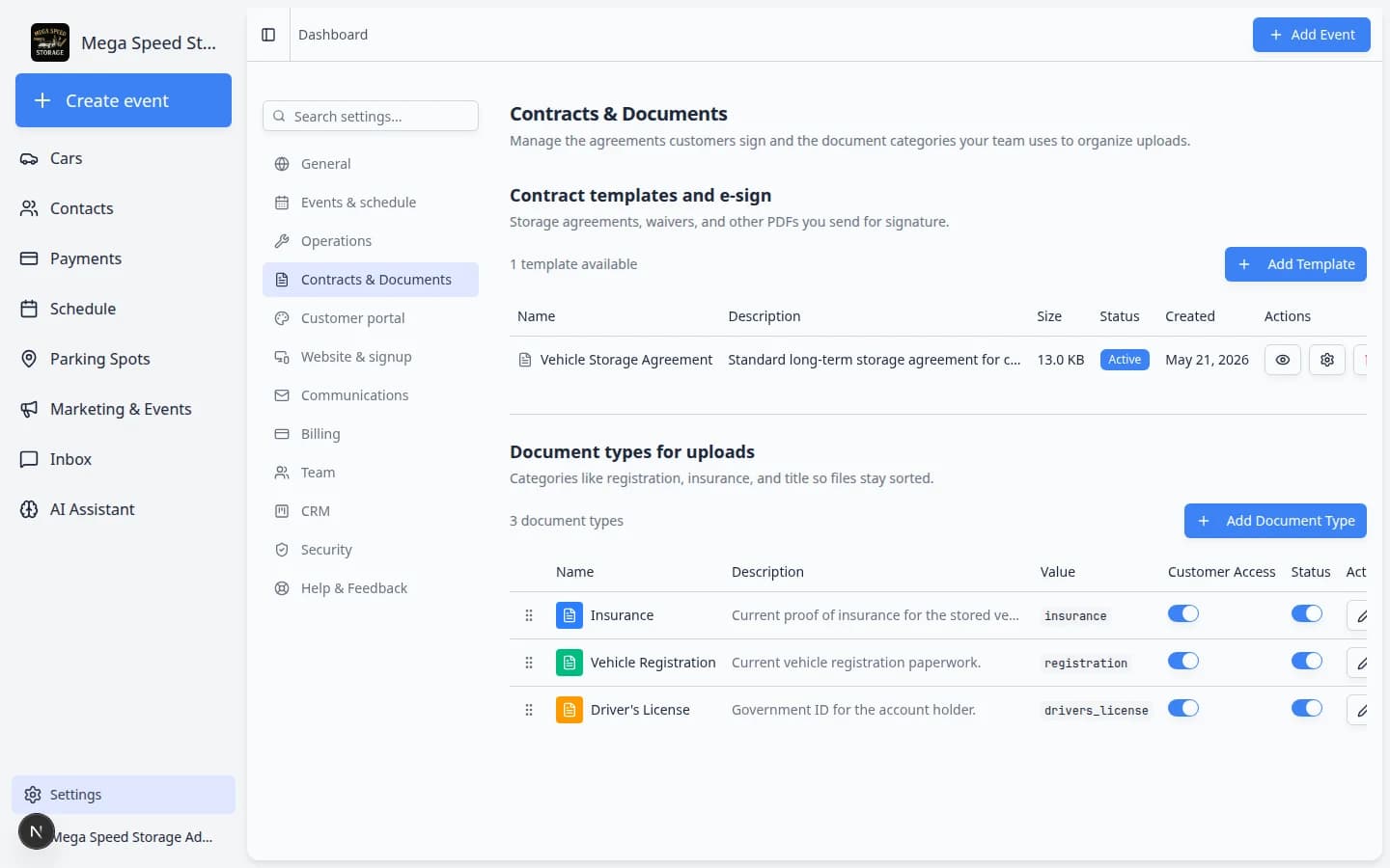 Settings page Contracts and Documents showing contract templates list and document types for uploads