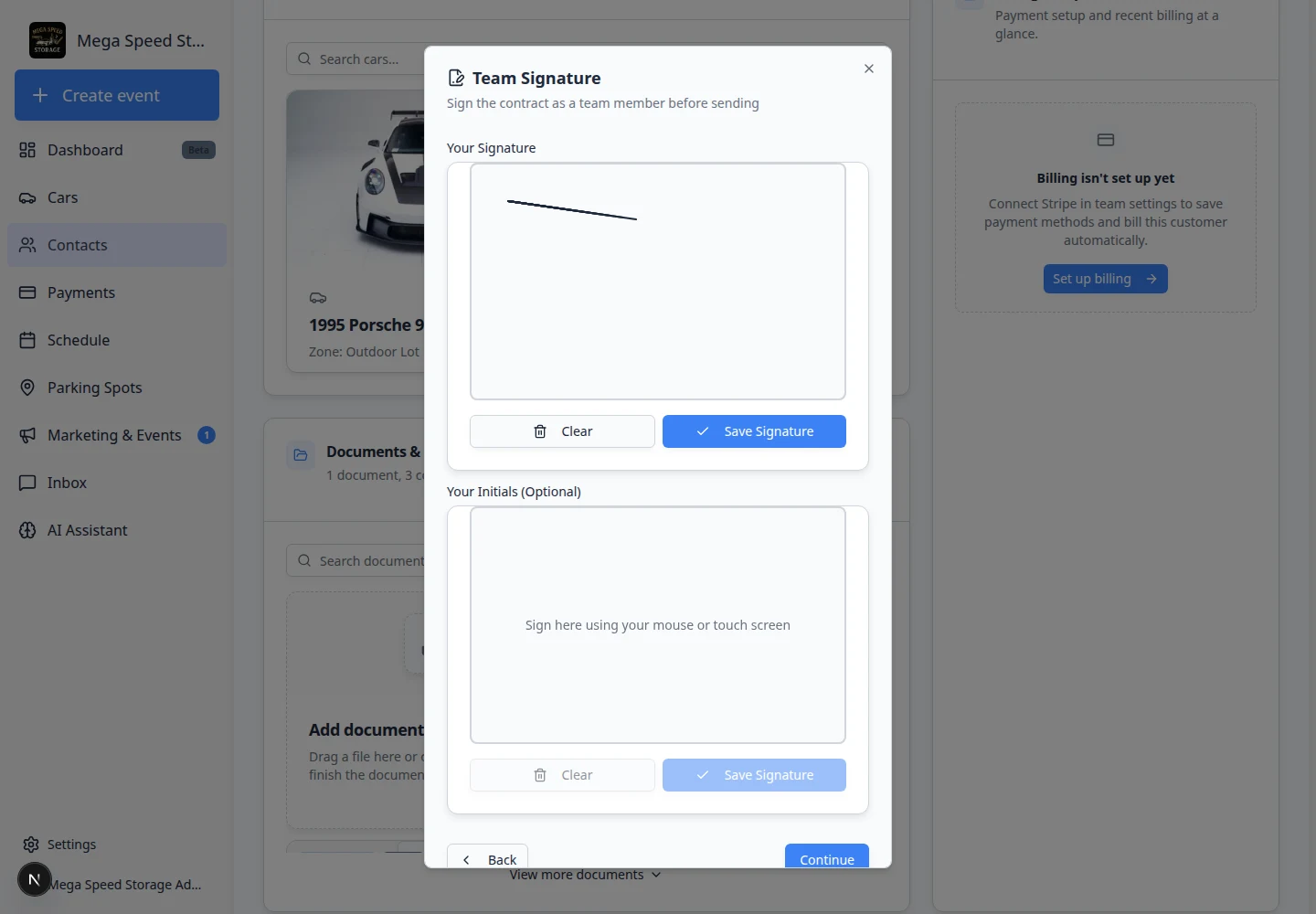 Team Signature step showing signature pad, optional initials, and Continue button