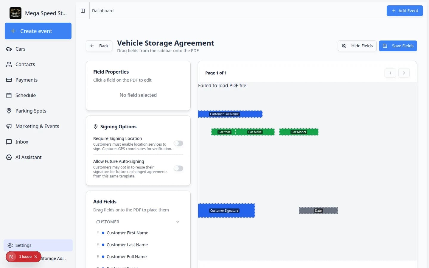 Contract template editor showing PDF preview with placed fields for customer name, vehicle details, signature, and date