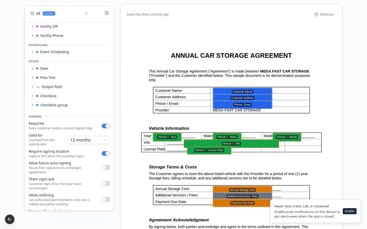 Contract template signing options section