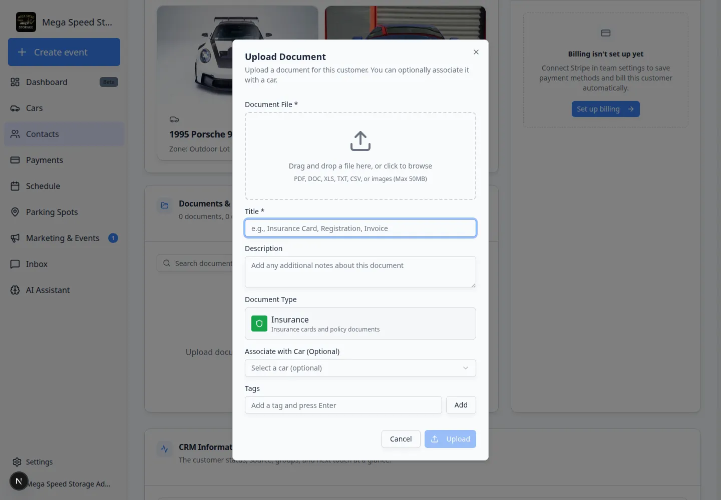 Upload dialog showing document type selection and file upload area for a customer record
