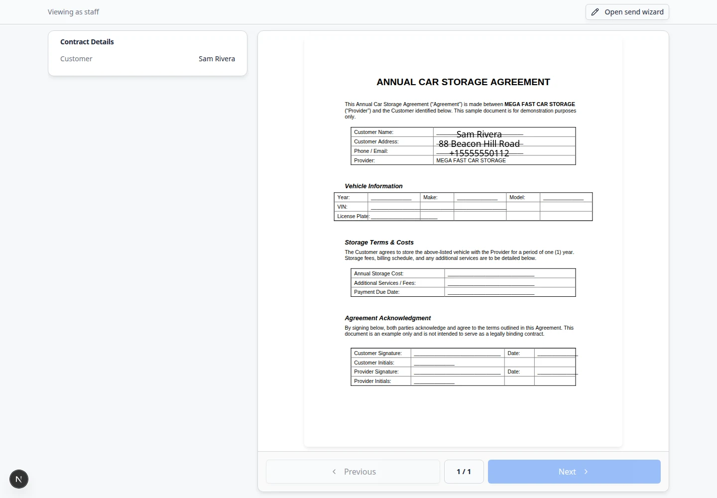 Customer signing page during onboarding with agreement details and signature area
