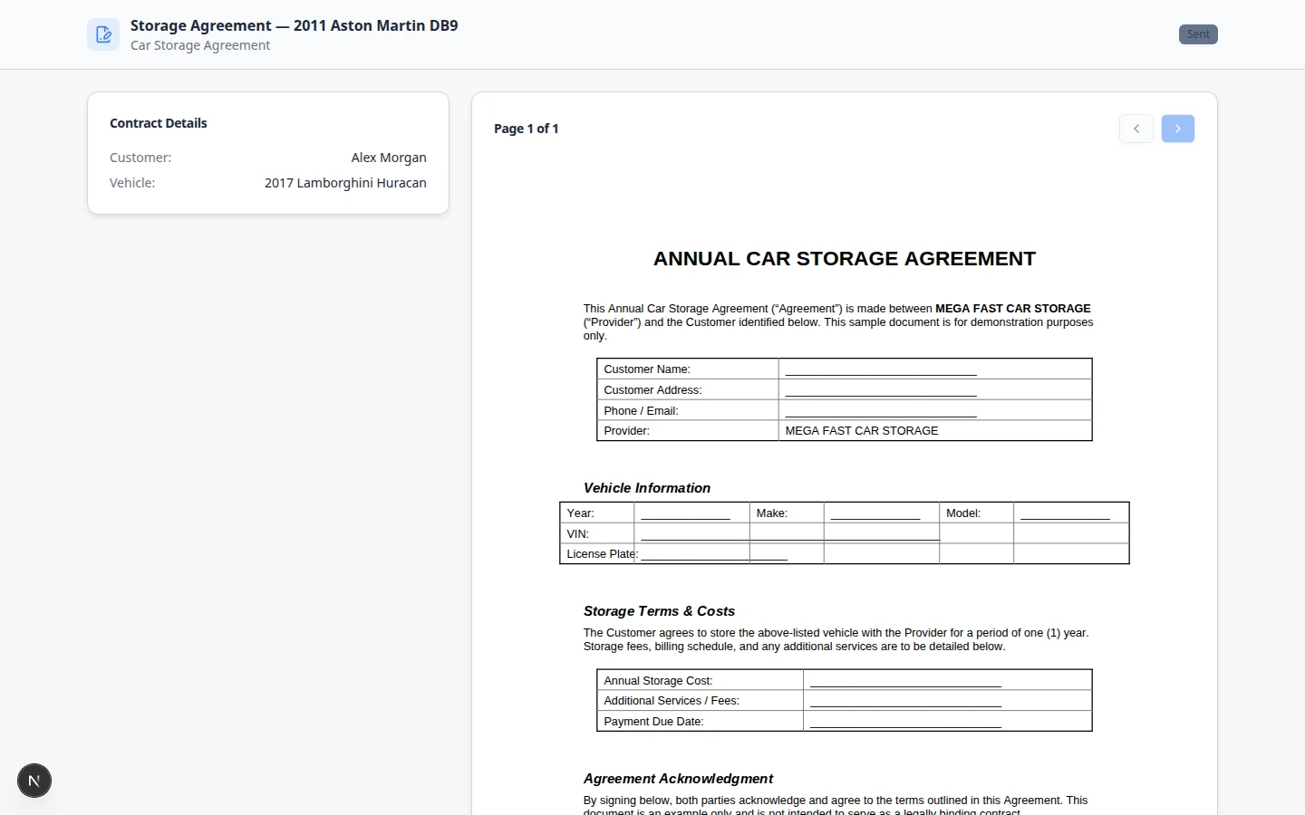 Customer signing page showing agreement title, vehicle details, signature area, and Sign Contract button