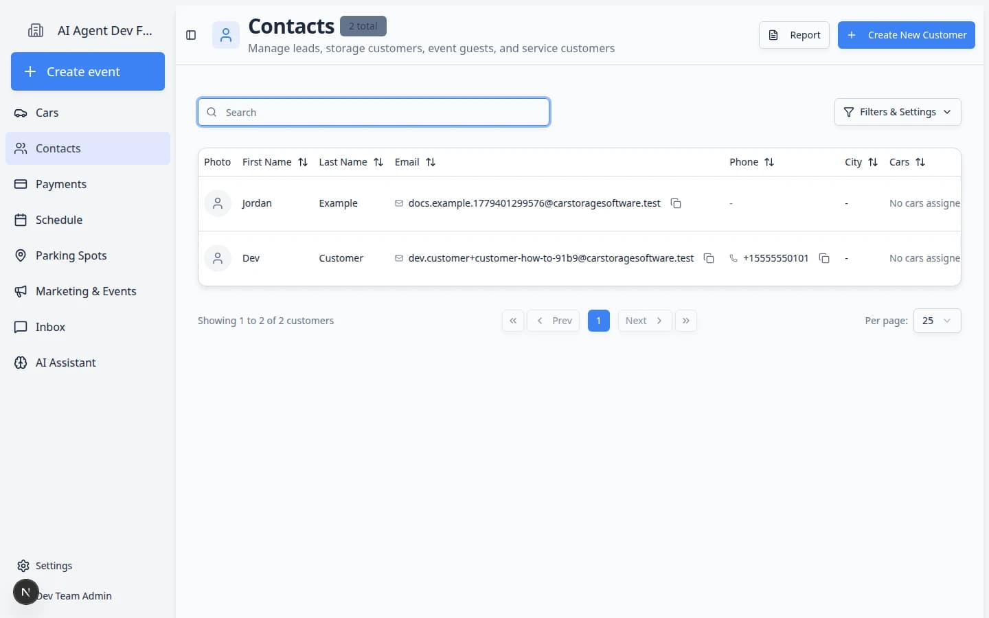 Contacts list filtered to show a newly created customer in the table
