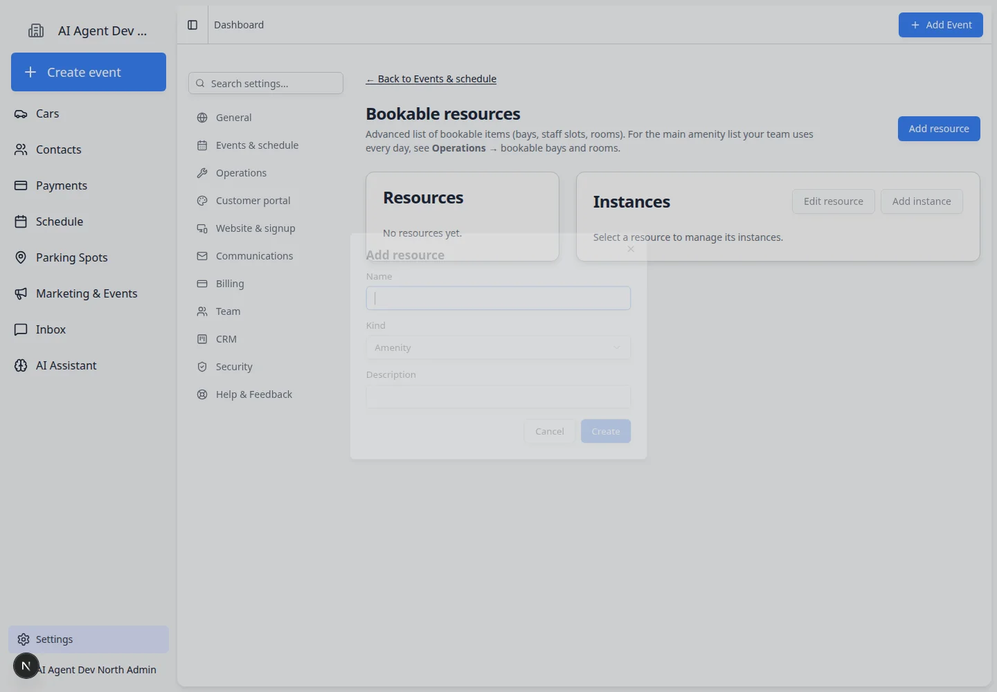 Add resource dialog with Name, Kind, Description, Cancel, and Create controls