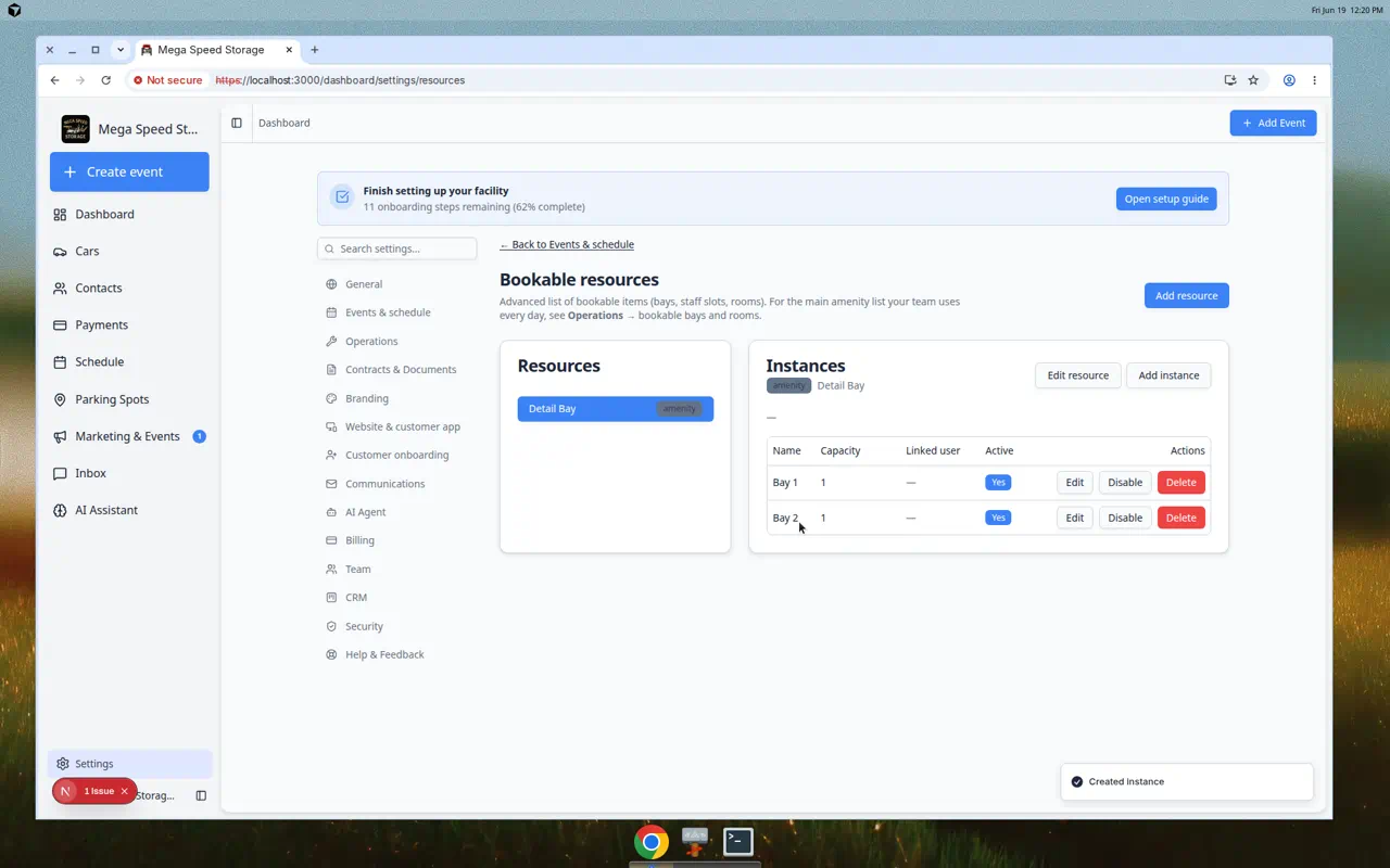 Bookable resources page showing Detail Bay with Bay 1 and Bay 2 instances listed
