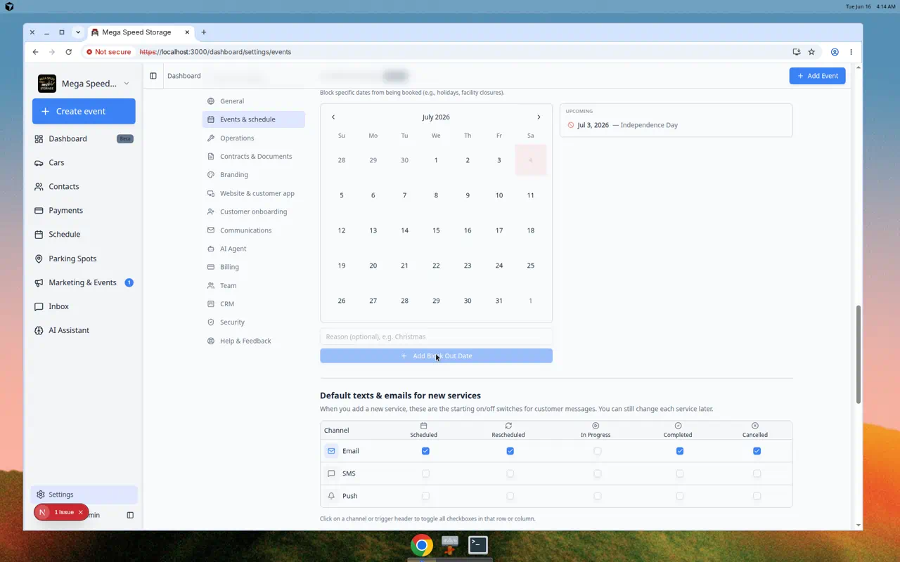 Closed days settings showing a calendar with a blocked date highlighted and an UPCOMING list entry such as Independence Day