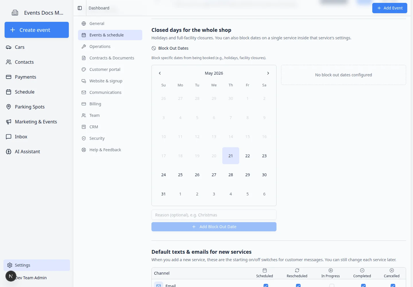 Events and schedule settings page scrolled to Closed days for the whole shop with a calendar, reason field, and Add Block Out Date button