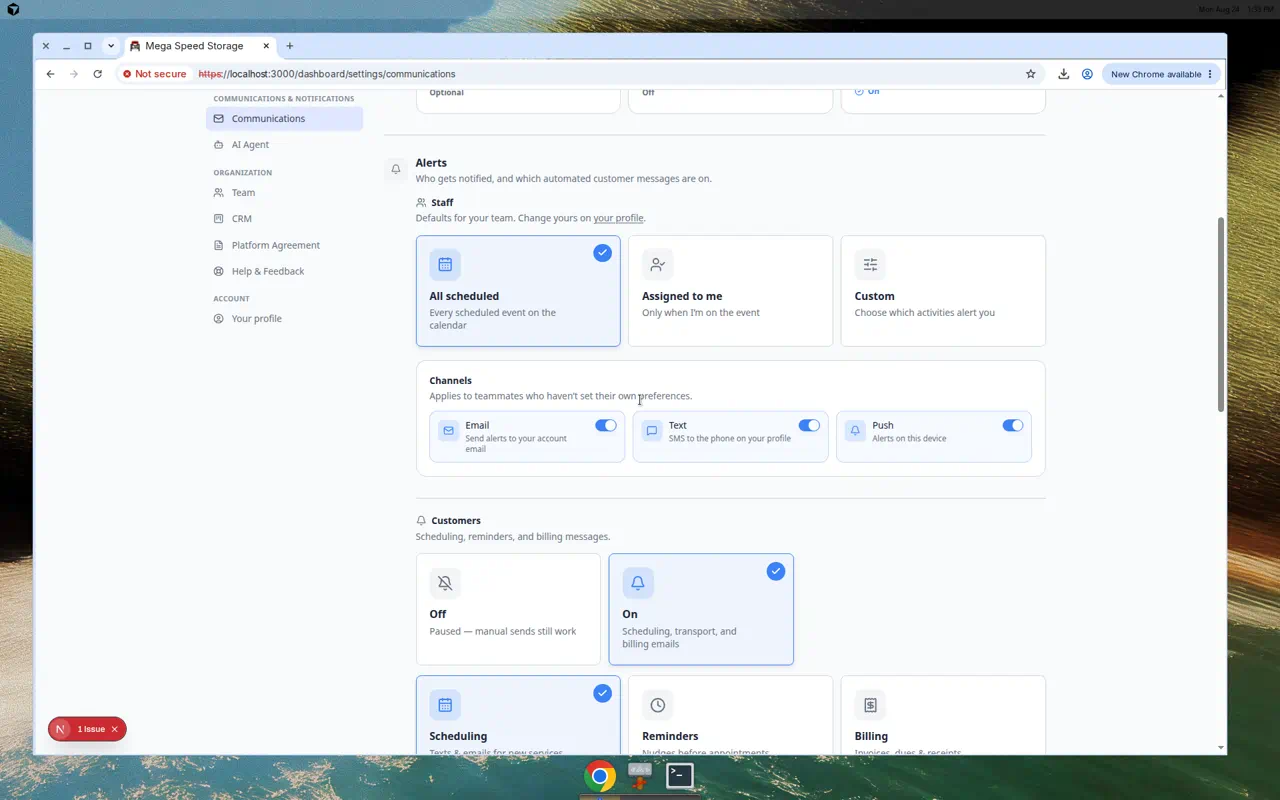 Communications settings showing Customer alerts with Scheduling and Reminders choice cards