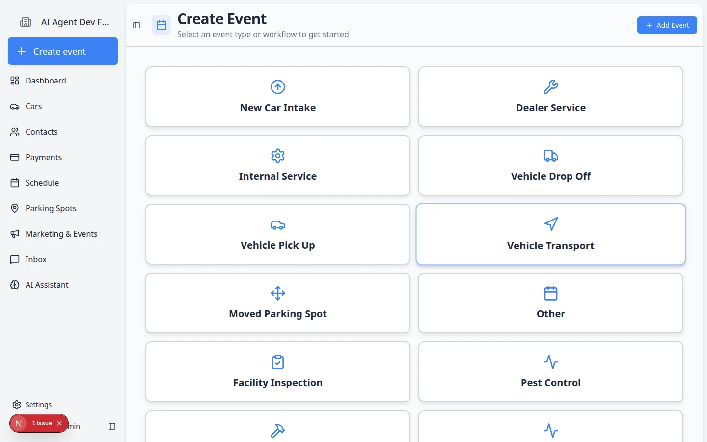 Create event page showing event type cards in a two-column grid