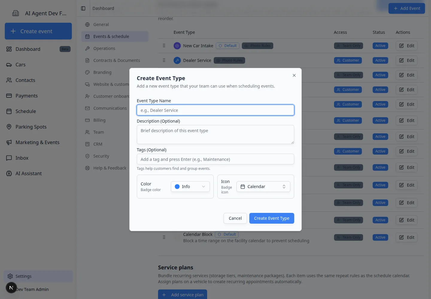 Create Event Type dialog with fields for Event Type Name, Description, Tags, Color, and Icon