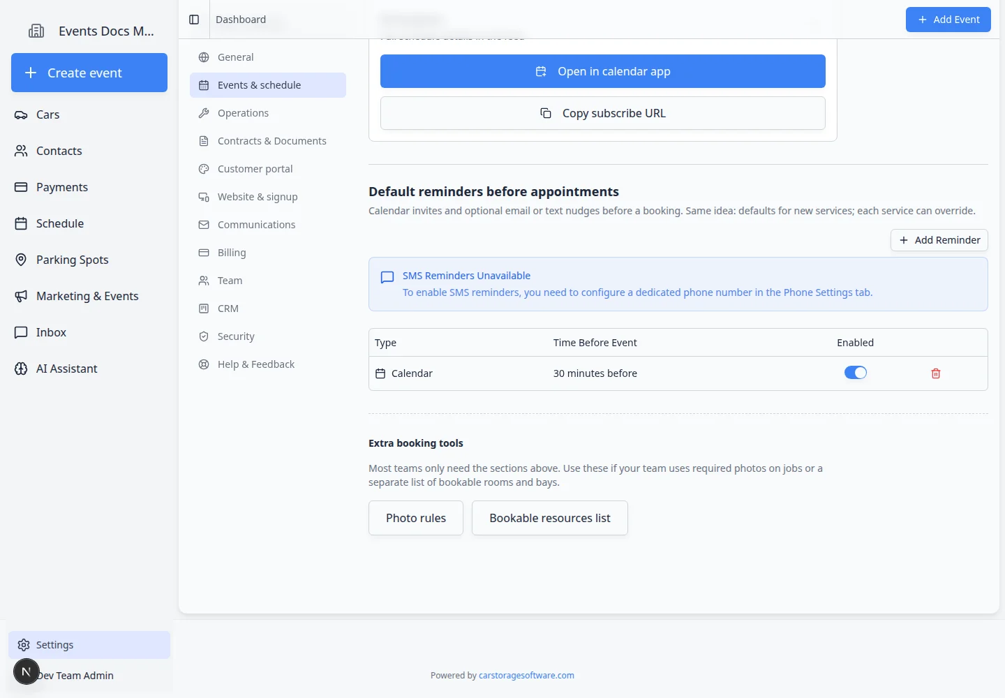 Events and schedule settings page showing Default reminders before appointments with reminder type and timing