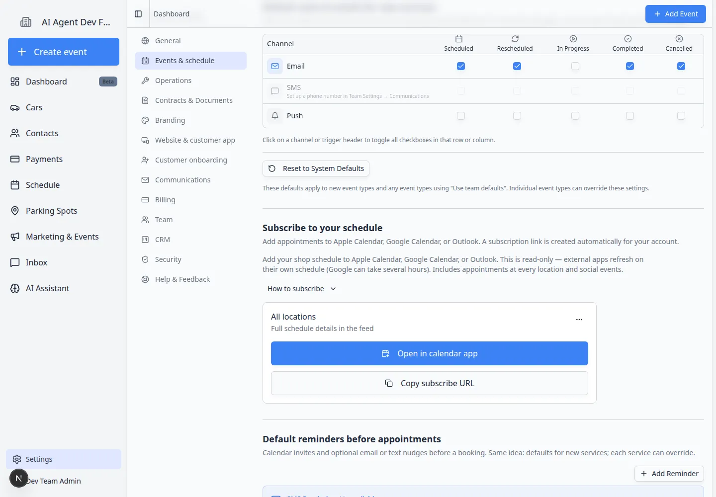 Events and schedule settings page showing Default texts and emails for new services with notification rows and channels
