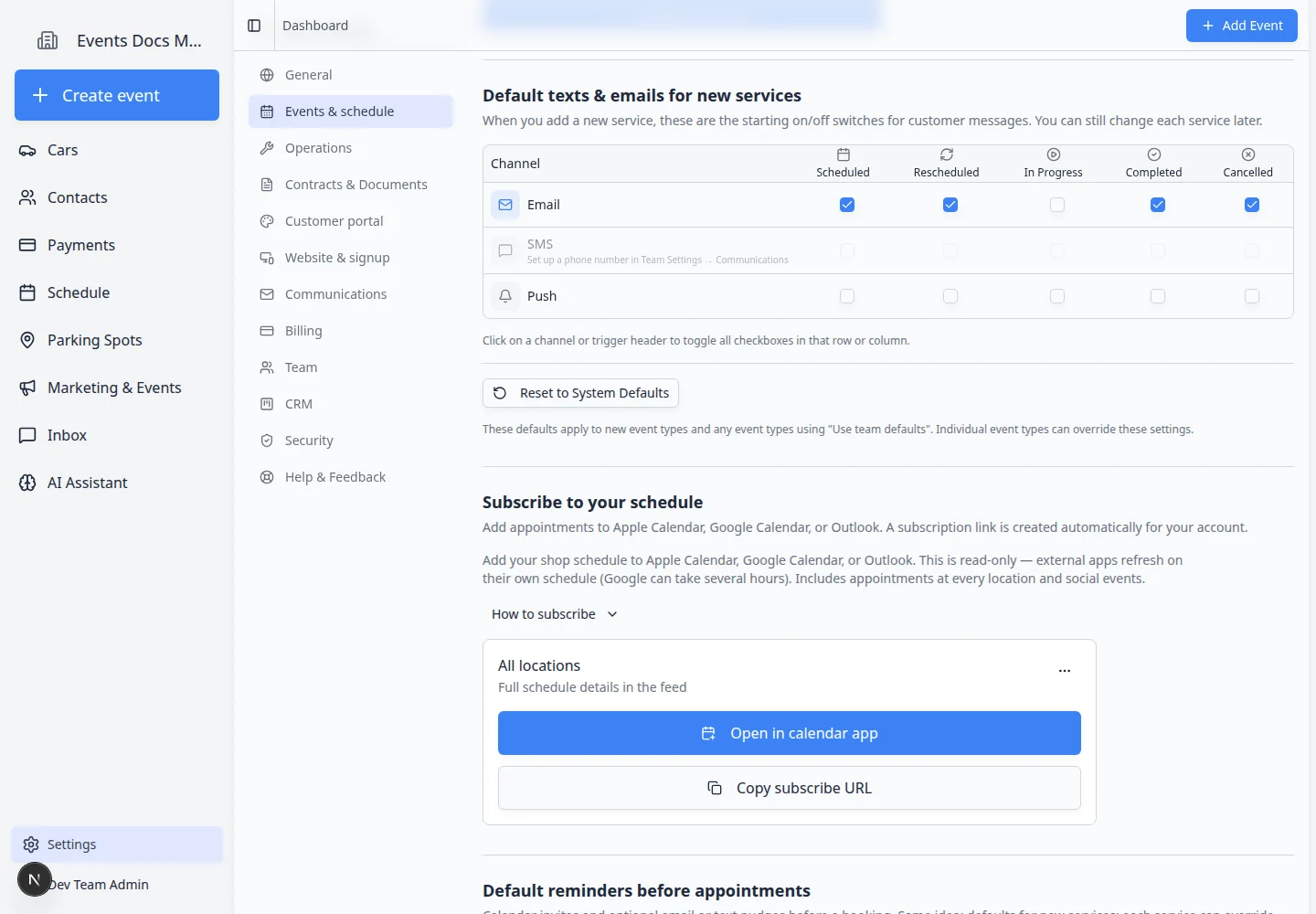 Events and schedule settings page showing Default texts and emails for new services with notification rows and channels