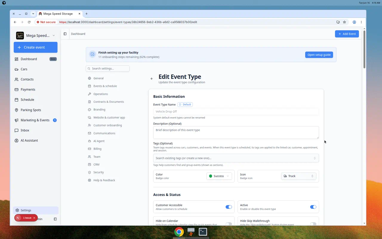Edit Event Type page showing Customer Accessible and Active toggles under Access and Status