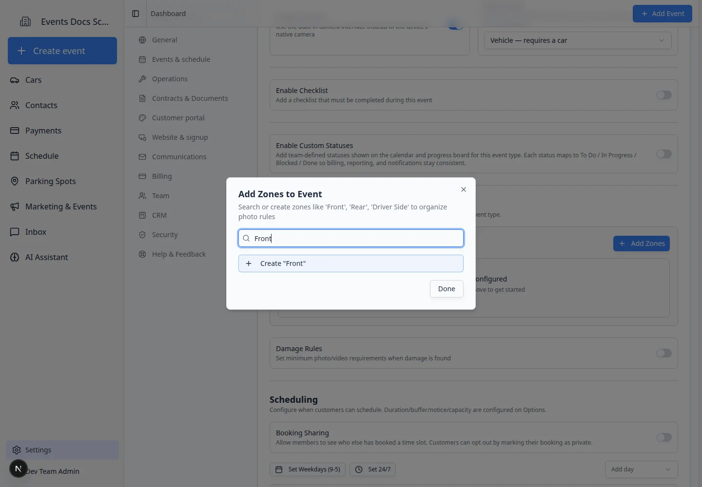 Add Zones to Event dialog with a search field and existing zone names
