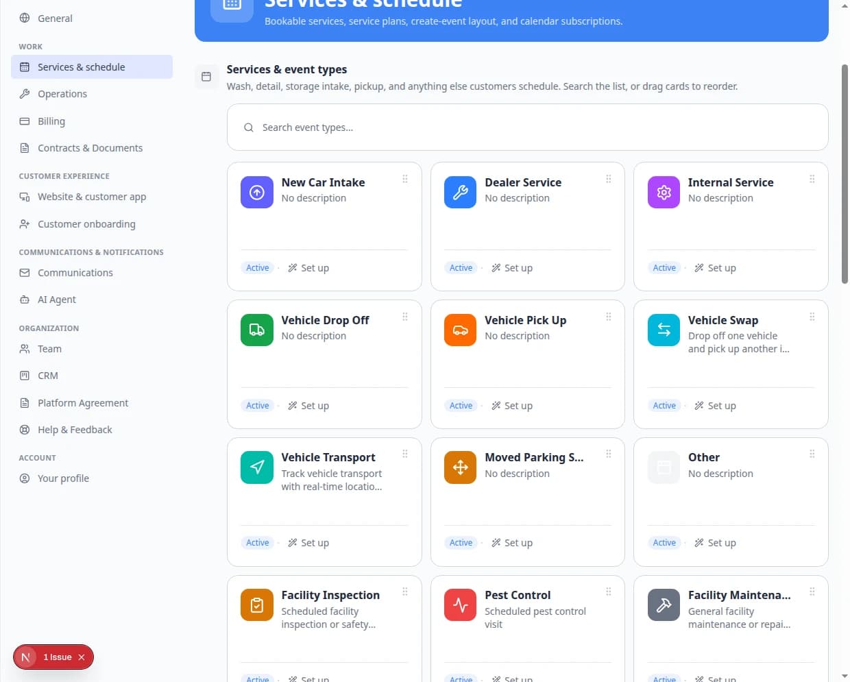 Close-up of event type cards showing service names, customer access badges, and Set up and Advanced action buttons