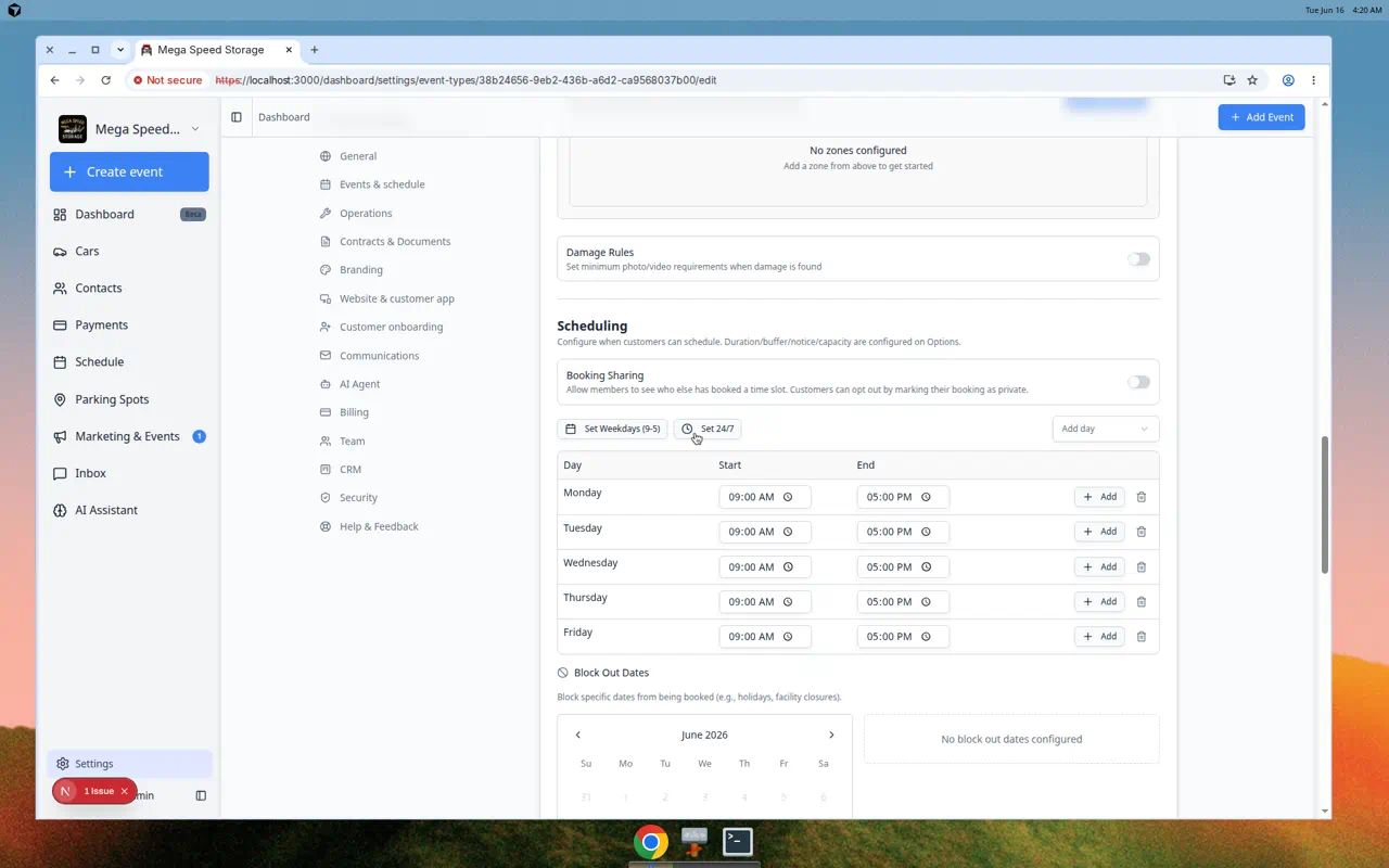 Edit Event Type page scrolled to Scheduling, showing available days and time ranges