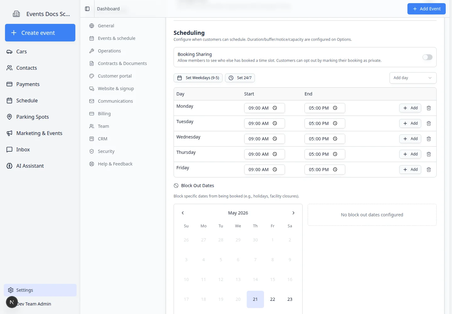Edit Event Type page scrolled to Scheduling, showing available days and time ranges