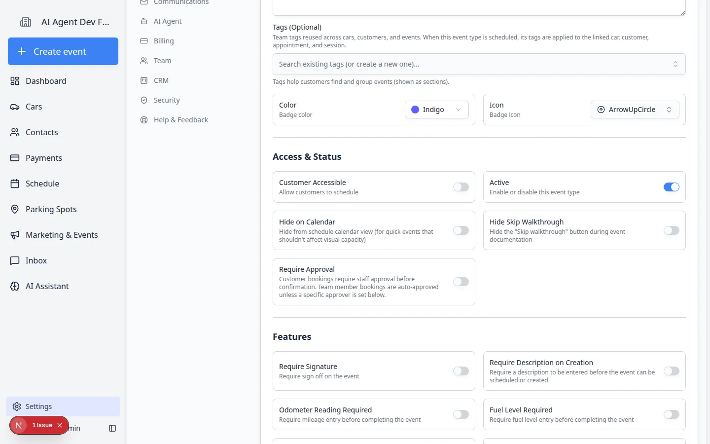 Edit Event Type page Photo Documentation section showing Use team walkthrough photo default toggle