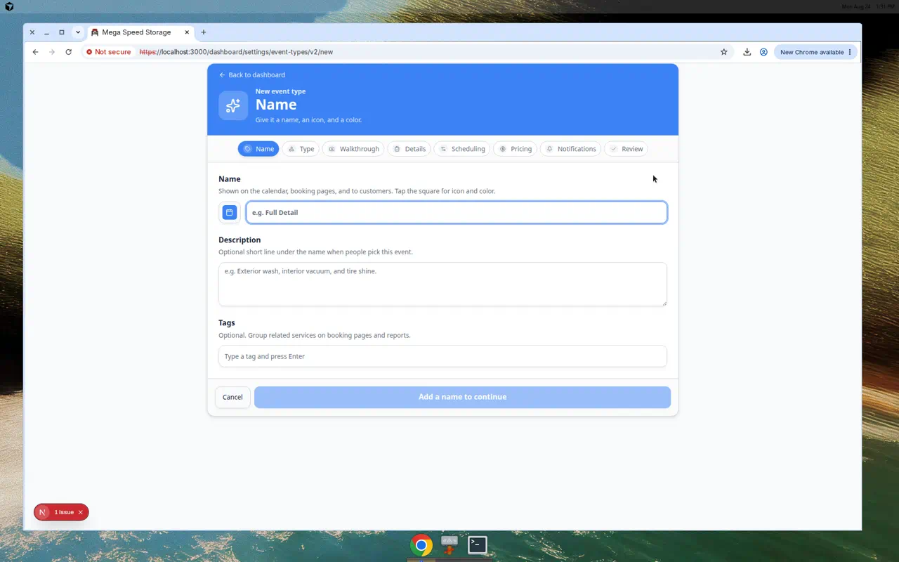 Guided event type wizard showing Name, Description, Tags, Color, and Icon fields on the first step