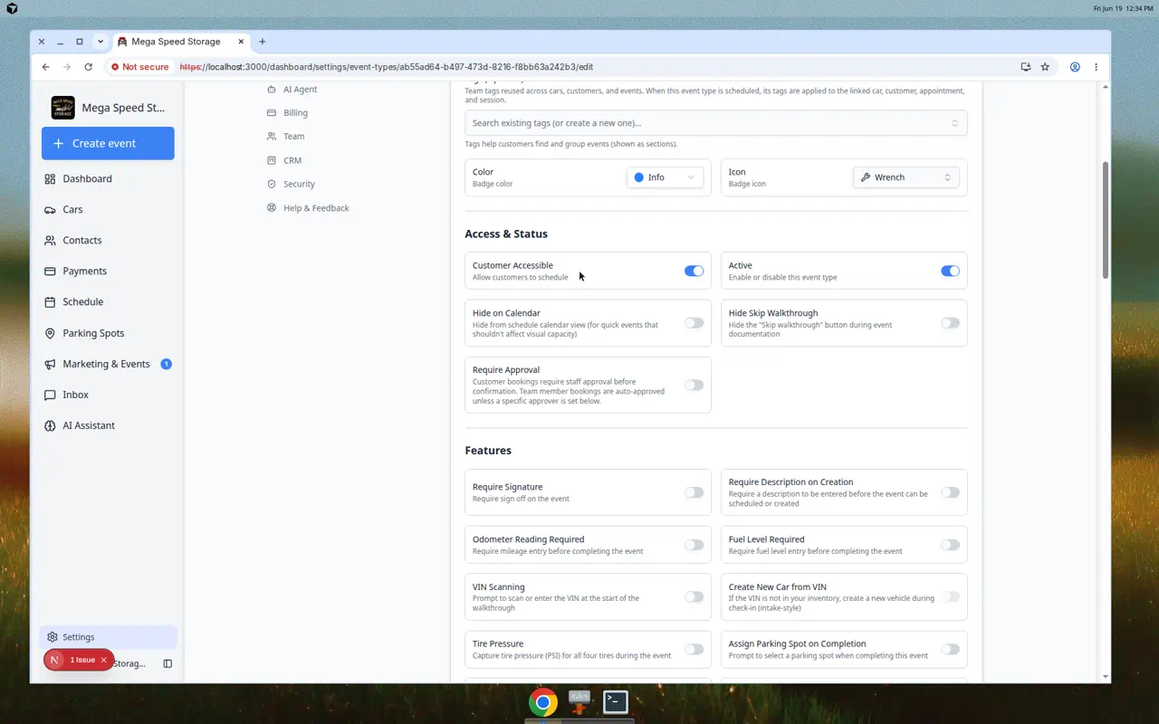Edit Event Type page showing Customer Accessible and Active toggles plus workflow features such as odometer, fuel level, and assign parking spot