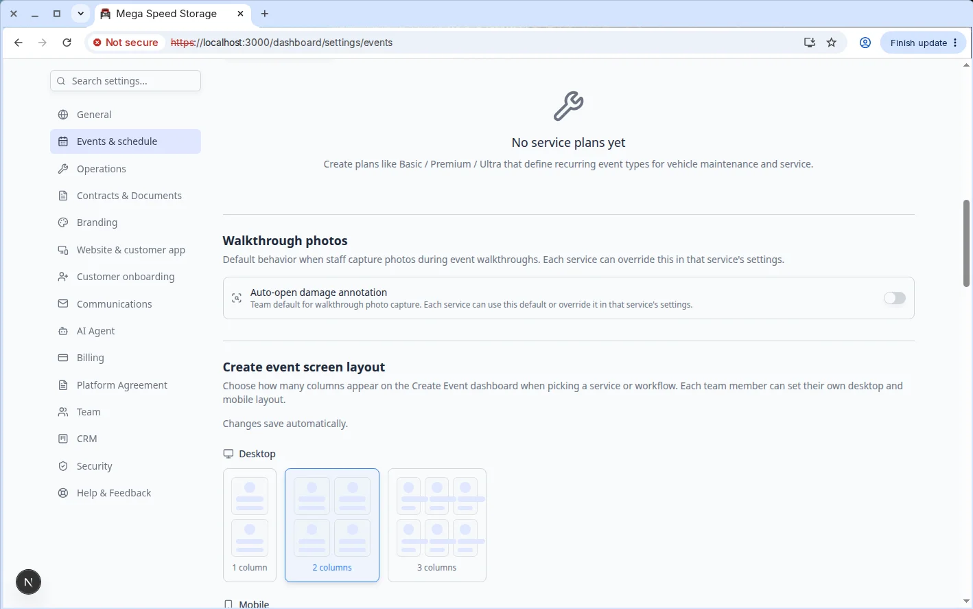 Events and schedule settings showing Create event screen layout with Desktop and Mobile column pickers
