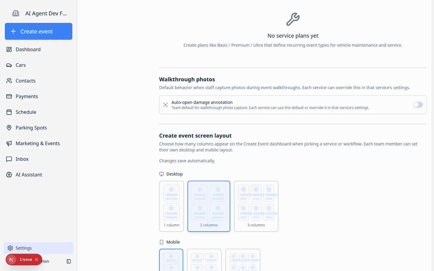 Events and schedule settings showing Create event screen layout with Desktop and Mobile column pickers