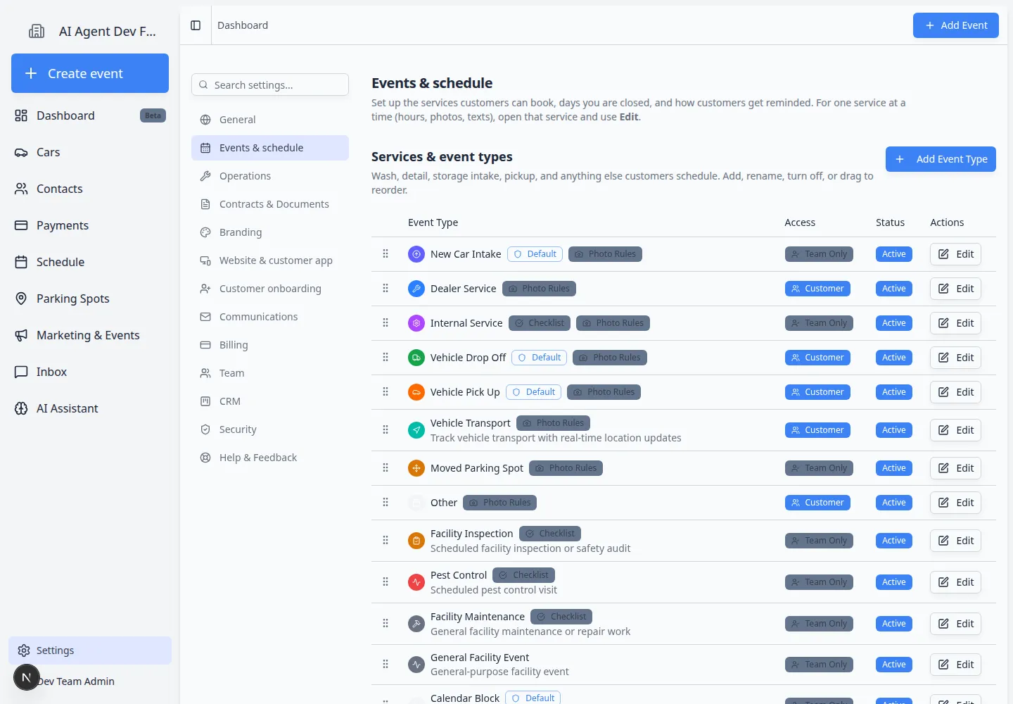 Photo rules page showing search, AI analysis status, extraction fields, and actions