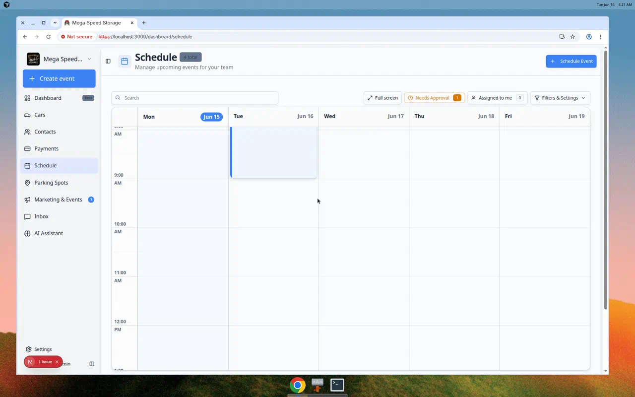 Schedule calendar showing multiple colored appointment blocks across the week for different vehicles and event types