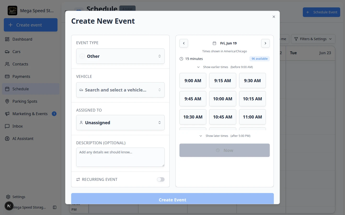 Create New Event dialog on a closed date with Unavailable or no time slots shown