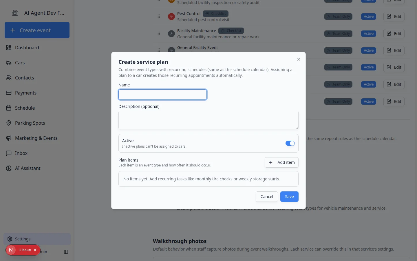Create service plan dialog showing Name, Description, Active toggle, Plan items section, and Add item button
