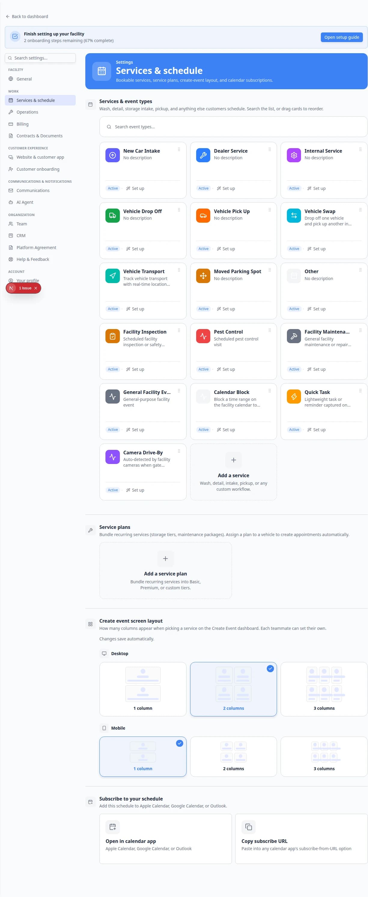 Services and schedule settings page showing event type cards in a grid with Set up and Advanced buttons