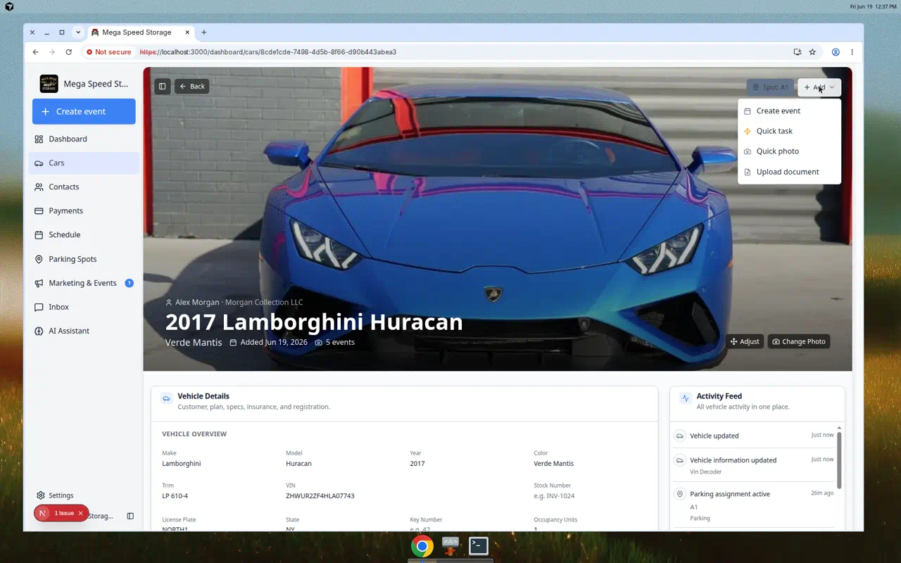 Car detail page for a Lamborghini Huracan showing the Add menu with Create event option