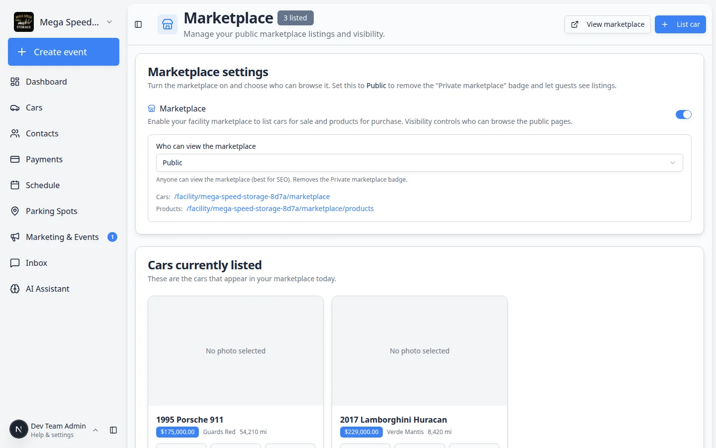 List car dialog on the Marketplace dashboard for publishing a vehicle to the public marketplace