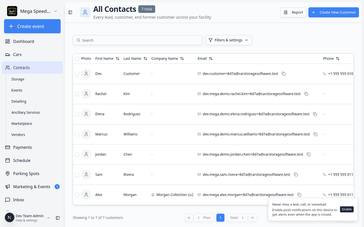 Contacts list in the staff dashboard showing customer records sorted with registration submissions visible