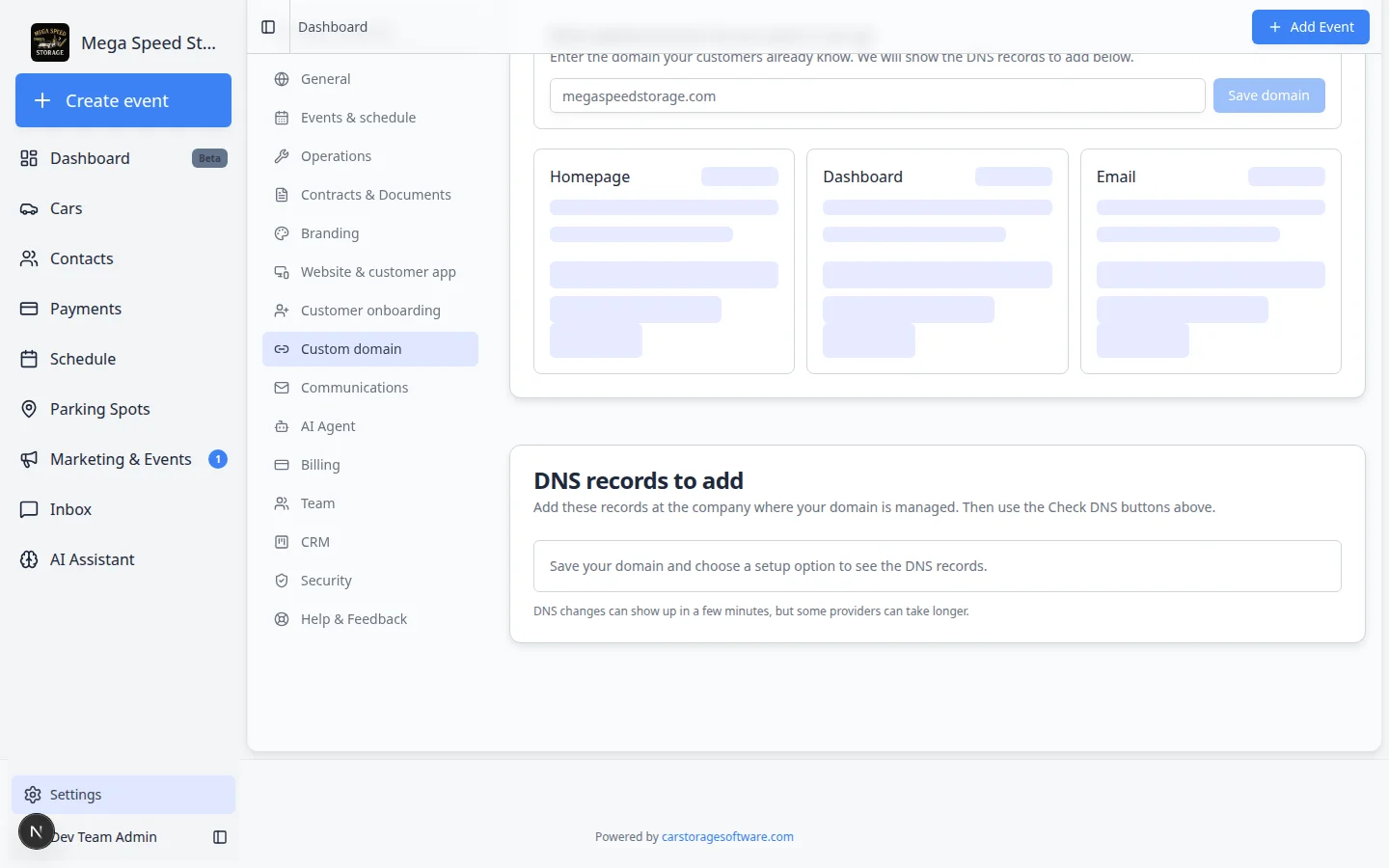 Custom domain page showing DNS records table with Type, Host, Value, and Purpose columns