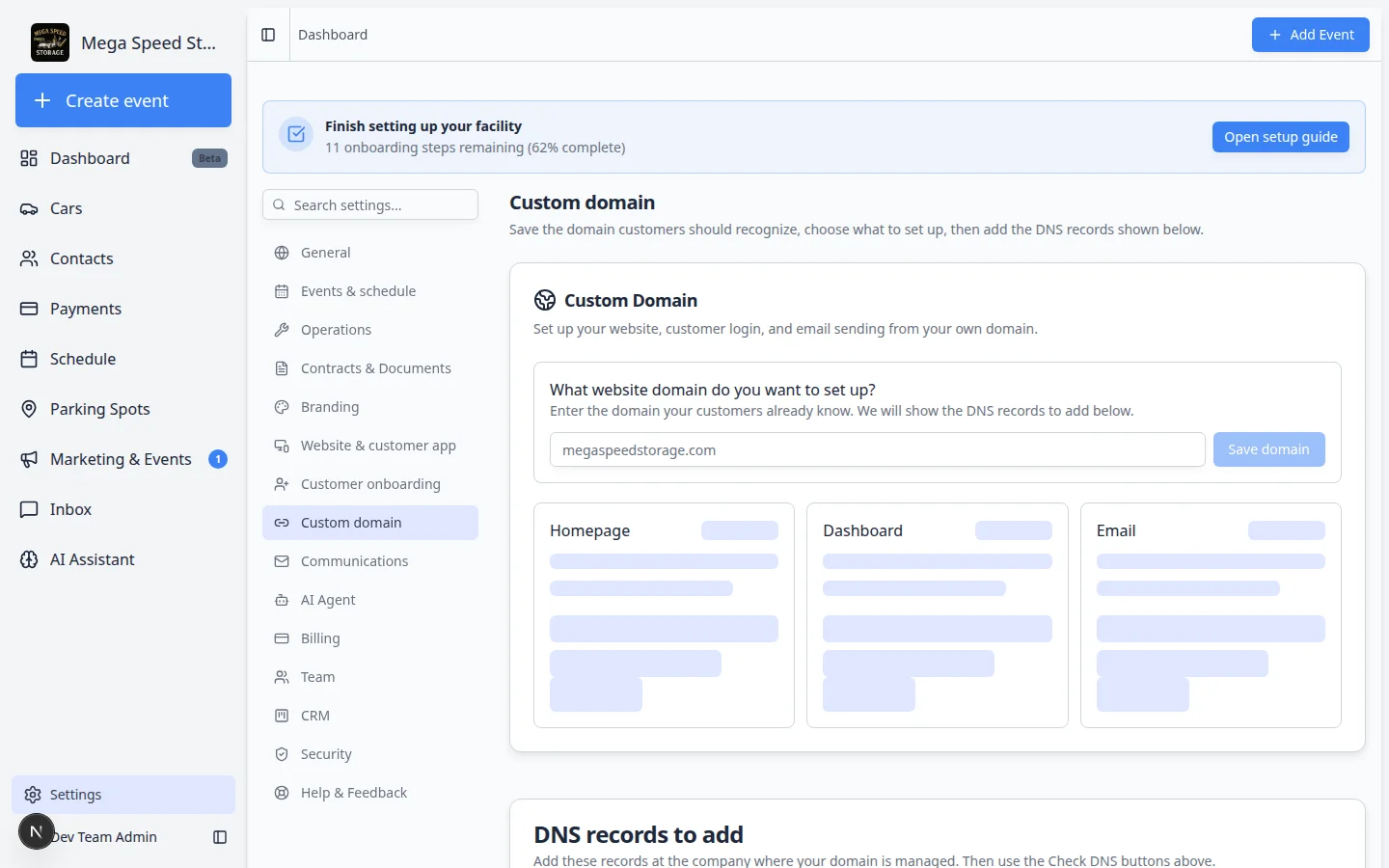 Custom domain settings page showing where to enter your domain and choose Website, Customer login, or Email domain setup