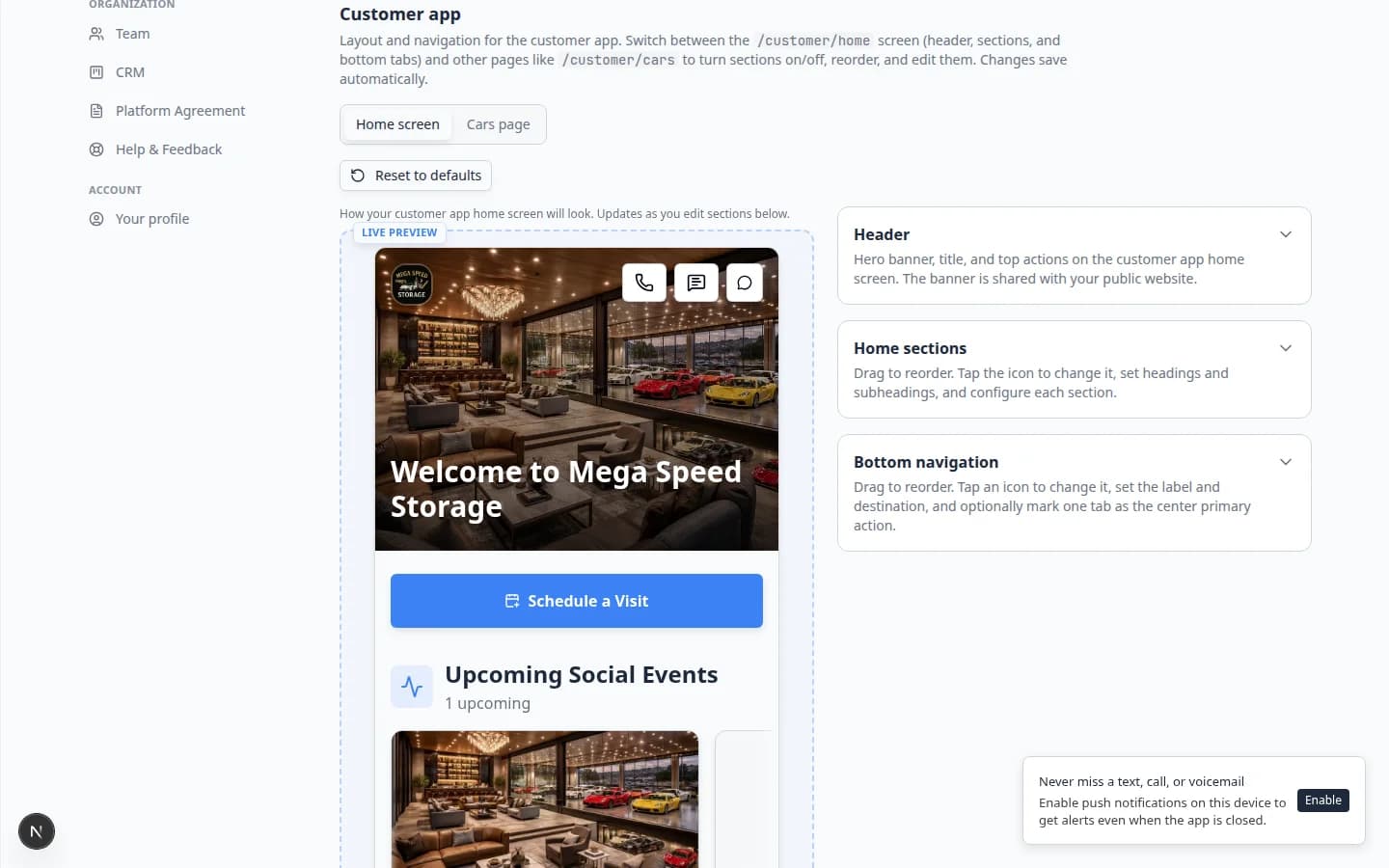 Customer app header settings showing title template, subtitle, show logo switch, and header action buttons