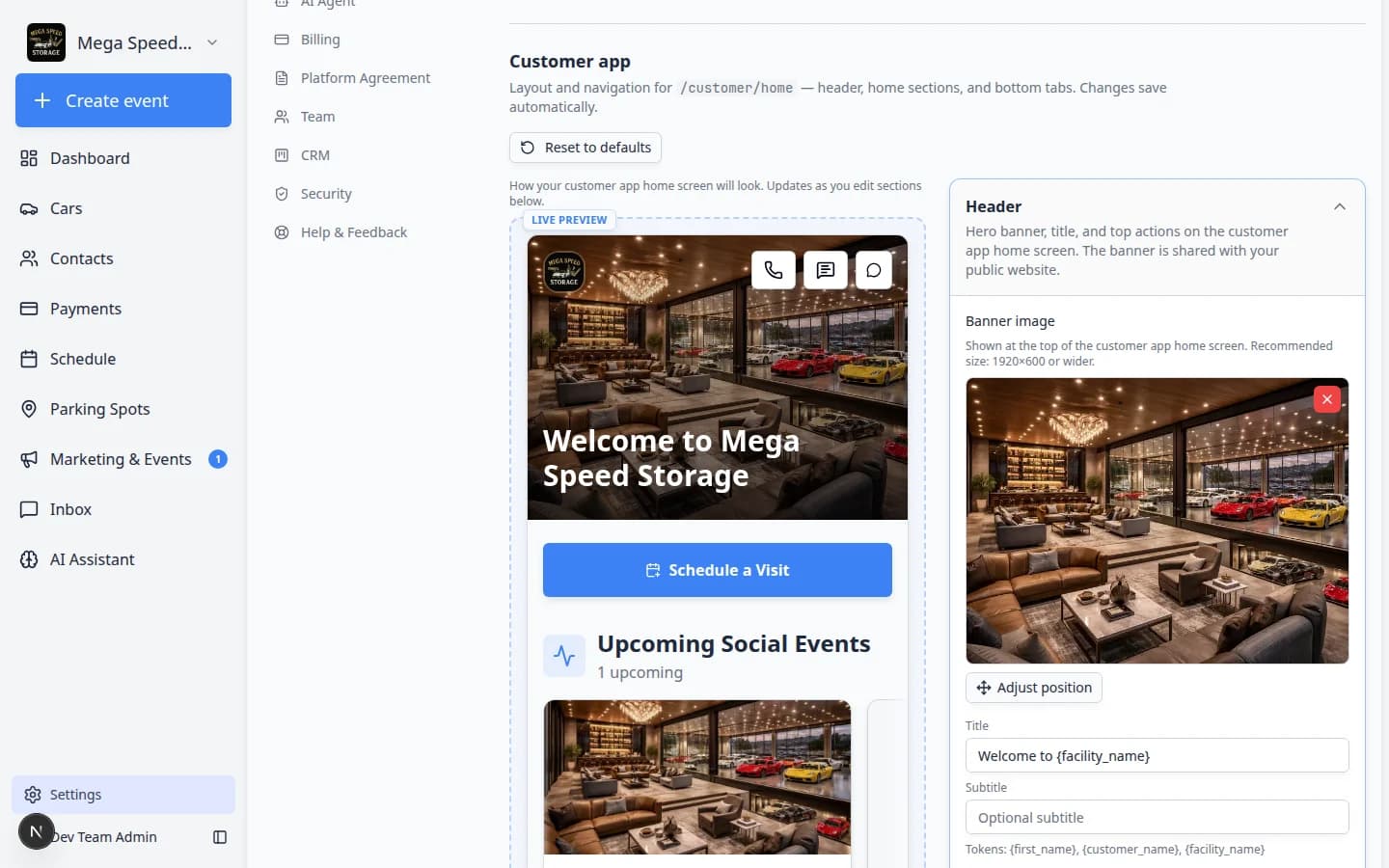 Customer app header settings showing title template, subtitle, show logo switch, and header action buttons